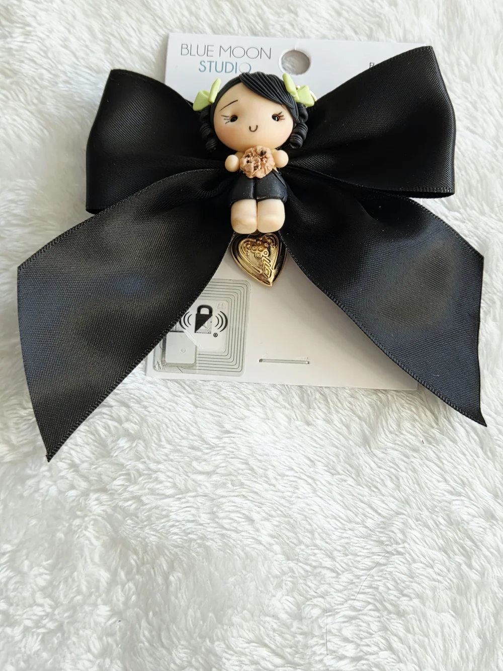 Black Bow Clay Doll With Cookie Bag Charm Adorable Keychain